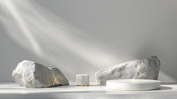 AI generated A white and gold of a nature marble platform surrounded by rocks. The background is geometric Stone and Rock shape, minimalist mockup for podium display showcase, studio room photo