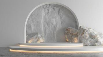 AI generated A white and gold of a nature marble platform surrounded by rocks. The background is geometric Stone and Rock shape, minimalist mockup for podium display showcase, studio room photo