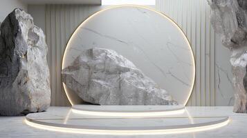 AI generated A white and gold of a nature marble platform surrounded by rocks. The background is geometric Stone and Rock shape, minimalist mockup for podium display showcase, studio room photo