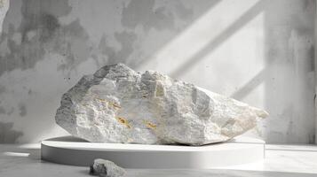 AI generated A white and gold of a nature marble platform surrounded by rocks. The background is geometric Stone and Rock shape, minimalist mockup for podium display showcase, studio room photo