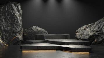 AI generated A black and gold of a nature marble platform surrounded by rocks. The background is geometric Stone and Rock shape, minimalist mockup for podium display showcase, studio room photo