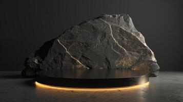 AI generated A black and gold of a nature marble platform surrounded by rocks. The background is geometric Stone and Rock shape, minimalist mockup for podium display showcase, studio room photo