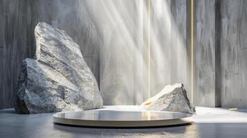 AI generated A white and gold of a nature marble platform surrounded by rocks. The background is geometric Stone and Rock shape, minimalist mockup for podium display showcase, studio room photo