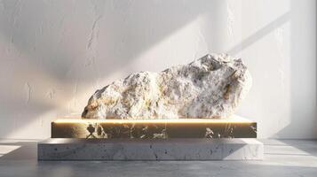 AI generated A white and gold of a nature marble platform surrounded by rocks. The background is geometric Stone and Rock shape, minimalist mockup for podium display showcase, studio room photo