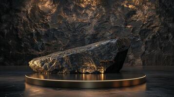 AI generated A black and gold of a nature marble platform surrounded by rocks. The background is geometric Stone and Rock shape, minimalist mockup for podium display showcase, studio room photo