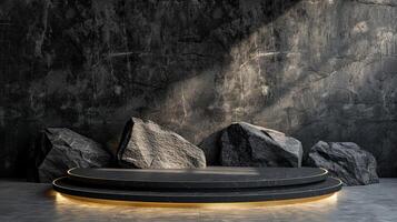 AI generated A black and gold of a nature marble platform surrounded by rocks. The background is geometric Stone and Rock shape, minimalist mockup for podium display showcase, studio room photo