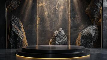 AI generated A black and gold of a nature marble platform surrounded by rocks. The background is geometric Stone and Rock shape, minimalist mockup for podium display showcase, studio room photo