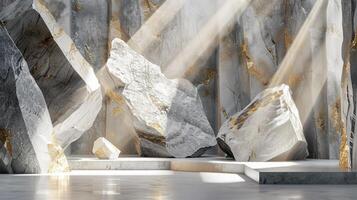AI generated A white and gold of a nature marble platform surrounded by rocks. The background is geometric Stone and Rock shape, minimalist mockup for podium display showcase, studio room photo