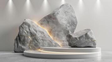 AI generated A white and gold of a nature marble platform surrounded by rocks. The background is geometric Stone and Rock shape, minimalist mockup for podium display showcase, studio room photo
