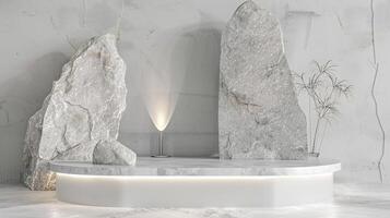 AI generated A white and gold of a nature marble platform surrounded by rocks. The background is geometric Stone and Rock shape, minimalist mockup for podium display showcase, studio room photo