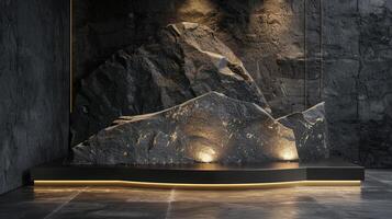 AI generated A black and gold of a nature marble platform surrounded by rocks. The background is geometric Stone and Rock shape, minimalist mockup for podium display showcase, studio room photo