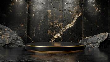 AI generated A black and gold of a nature marble platform surrounded by rocks. The background is geometric Stone and Rock shape, minimalist mockup for podium display showcase, studio room photo