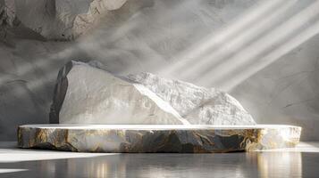 AI generated A white and gold of a nature marble platform surrounded by rocks. The background is geometric Stone and Rock shape, minimalist mockup for podium display showcase, studio room photo