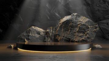 AI generated A black and gold of a nature marble platform surrounded by rocks. The background is geometric Stone and Rock shape, minimalist mockup for podium display showcase, studio room photo