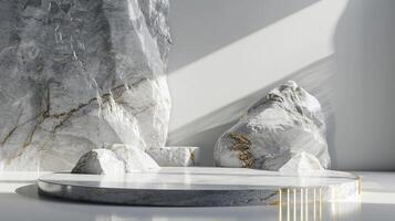 AI generated A white and gold of a nature marble platform surrounded by rocks. The background is geometric Stone and Rock shape, minimalist mockup for podium display showcase, studio room photo