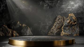 AI generated A black and gold of a nature marble platform surrounded by rocks. The background is geometric Stone and Rock shape, minimalist mockup for podium display showcase, studio room photo