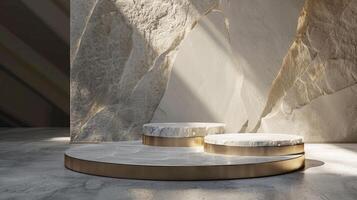 AI generated A white and gold of a nature marble platform surrounded by rocks. The background is geometric Stone and Rock shape, minimalist mockup for podium display showcase, studio room photo