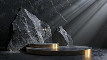 AI generated A black and gold of a nature marble platform surrounded by rocks. The background is geometric Stone and Rock shape, minimalist mockup for podium display showcase, studio room photo