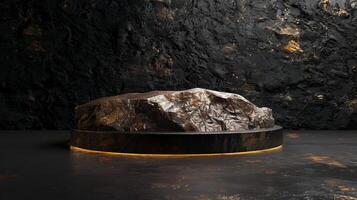 AI generated A black and gold of a nature marble platform surrounded by rocks. The background is geometric Stone and Rock shape, minimalist mockup for podium display showcase, studio room photo