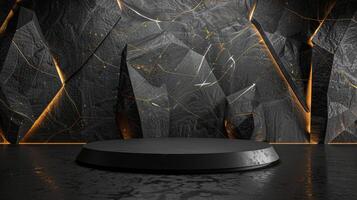 AI generated A black and gold of a nature marble platform surrounded by rocks. The background is geometric Stone and Rock shape, minimalist mockup for podium display showcase, studio room photo