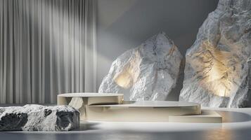 AI generated A white and gold of a nature marble platform surrounded by rocks. The background is geometric Stone and Rock shape, minimalist mockup for podium display showcase, studio room photo