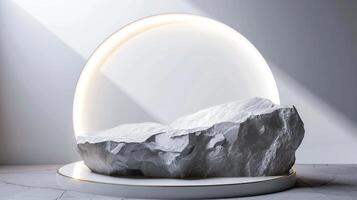 AI generated A white and gold of a nature marble platform surrounded by rocks. The background is geometric Stone and Rock shape, minimalist mockup for podium display showcase, studio room photo