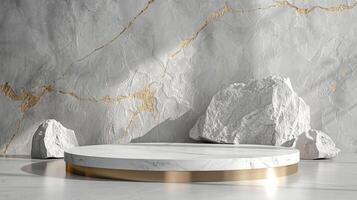 AI generated A white and gold of a nature marble platform surrounded by rocks. The background is geometric Stone and Rock shape, minimalist mockup for podium display showcase, studio room photo