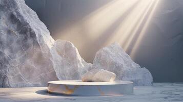 AI generated A white and gold of a nature marble platform surrounded by rocks. The background is geometric Stone and Rock shape, minimalist mockup for podium display showcase, studio room photo