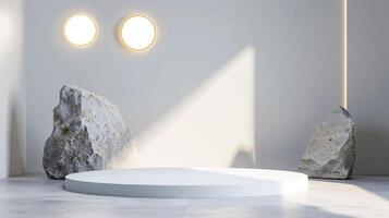 AI generated A white and gold of a nature marble platform surrounded by rocks. The background is geometric Stone and Rock shape, minimalist mockup for podium display showcase, studio room photo
