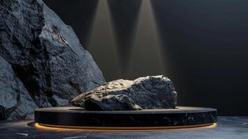 AI generated A black and gold of a nature marble platform surrounded by rocks. The background is geometric Stone and Rock shape, minimalist mockup for podium display showcase, studio room photo