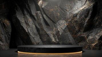 AI generated A black and gold of a nature marble platform surrounded by rocks. The background is geometric Stone and Rock shape, minimalist mockup for podium display showcase, studio room photo