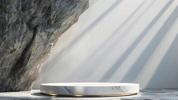 AI generated A white and gold of a nature marble platform surrounded by rocks. The background is geometric Stone and Rock shape, minimalist mockup for podium display showcase, studio room photo