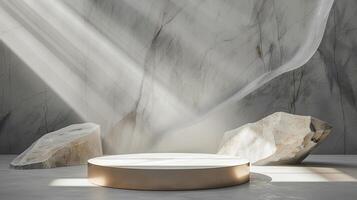 AI generated A white and gold of a nature marble platform surrounded by rocks. The background is geometric Stone and Rock shape, minimalist mockup for podium display showcase, studio room photo