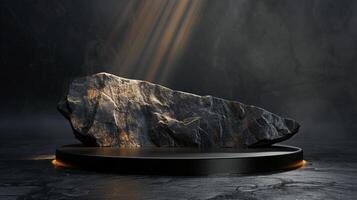 AI generated A black and gold of a nature marble platform surrounded by rocks. The background is geometric Stone and Rock shape, minimalist mockup for podium display showcase, studio room photo