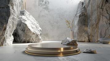 AI generated A white and gold of a nature marble platform surrounded by rocks. The background is geometric Stone and Rock shape, minimalist mockup for podium display showcase, studio room photo