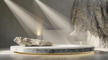 AI generated A white and gold of a nature marble platform surrounded by rocks. The background is geometric Stone and Rock shape, minimalist mockup for podium display showcase, studio room photo