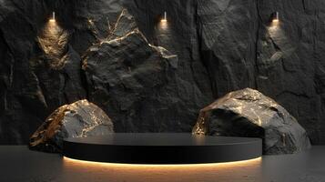 AI generated A black and gold of a nature marble platform surrounded by rocks. The background is geometric Stone and Rock shape, minimalist mockup for podium display showcase, studio room photo