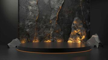 AI generated A black and gold of a nature marble platform surrounded by rocks. The background is geometric Stone and Rock shape, minimalist mockup for podium display showcase, studio room photo