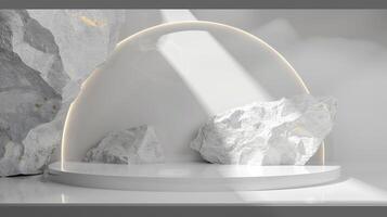 AI generated A white and gold of a nature marble platform surrounded by rocks. The background is geometric Stone and Rock shape, minimalist mockup for podium display showcase, studio room photo