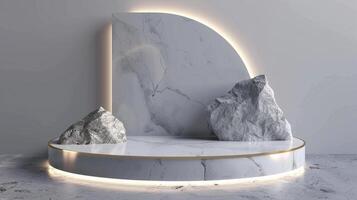 AI generated A white and gold of a nature marble platform surrounded by rocks. The background is geometric Stone and Rock shape, minimalist mockup for podium display showcase, studio room photo