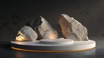 AI generated A white and gold of a nature marble platform surrounded by rocks. The background is geometric Stone and Rock shape, minimalist mockup for podium display showcase, studio room photo