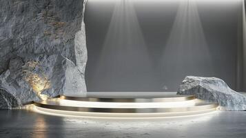 AI generated A white and gold of a nature marble platform surrounded by rocks. The background is geometric Stone and Rock shape, minimalist mockup for podium display showcase, studio room photo