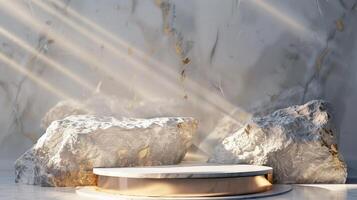 AI generated A white and gold of a nature marble platform surrounded by rocks. The background is geometric Stone and Rock shape, minimalist mockup for podium display showcase, studio room photo