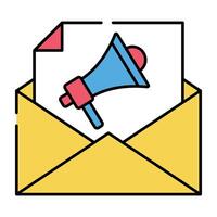 Megaphone on letter inside envelope, flat design of email campaign vector