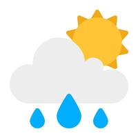 Sun with cloud and raindrops, icon of sunny rainy day vector