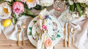 AI generated Easter tablescape decoration, floral holiday table decor for family celebration, spring flowers, Easter eggs, Easter bunny and vintage dinnerware, English country and home styling photo