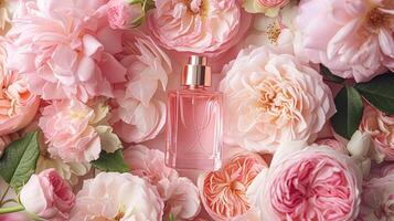 AI generated Perfume bottle in flowers, fragrance on blooming background, floral scent and cosmetic product photo