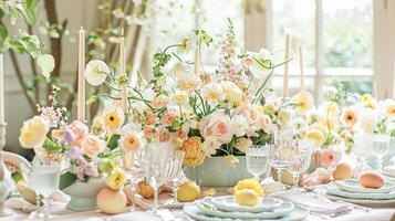 AI generated Easter tablescape decoration, floral holiday table decor for family celebration, spring flowers, Easter eggs, Easter bunny and vintage dinnerware, English country and home styling photo