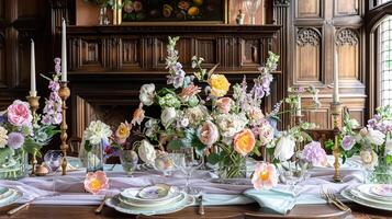 AI generated Easter tablescape decoration, floral holiday table decor for family celebration, spring flowers, Easter eggs, Easter bunny and vintage dinnerware, English country and home styling photo