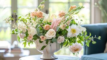 AI generated Spring flowers in vintage vase, beautiful floral arrangement, home decor, wedding and florist design photo